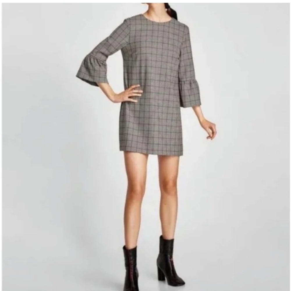 Zara Dress Checkered Plaid Shift Mini Pullover Size M Houndstooth Gingham Preppy